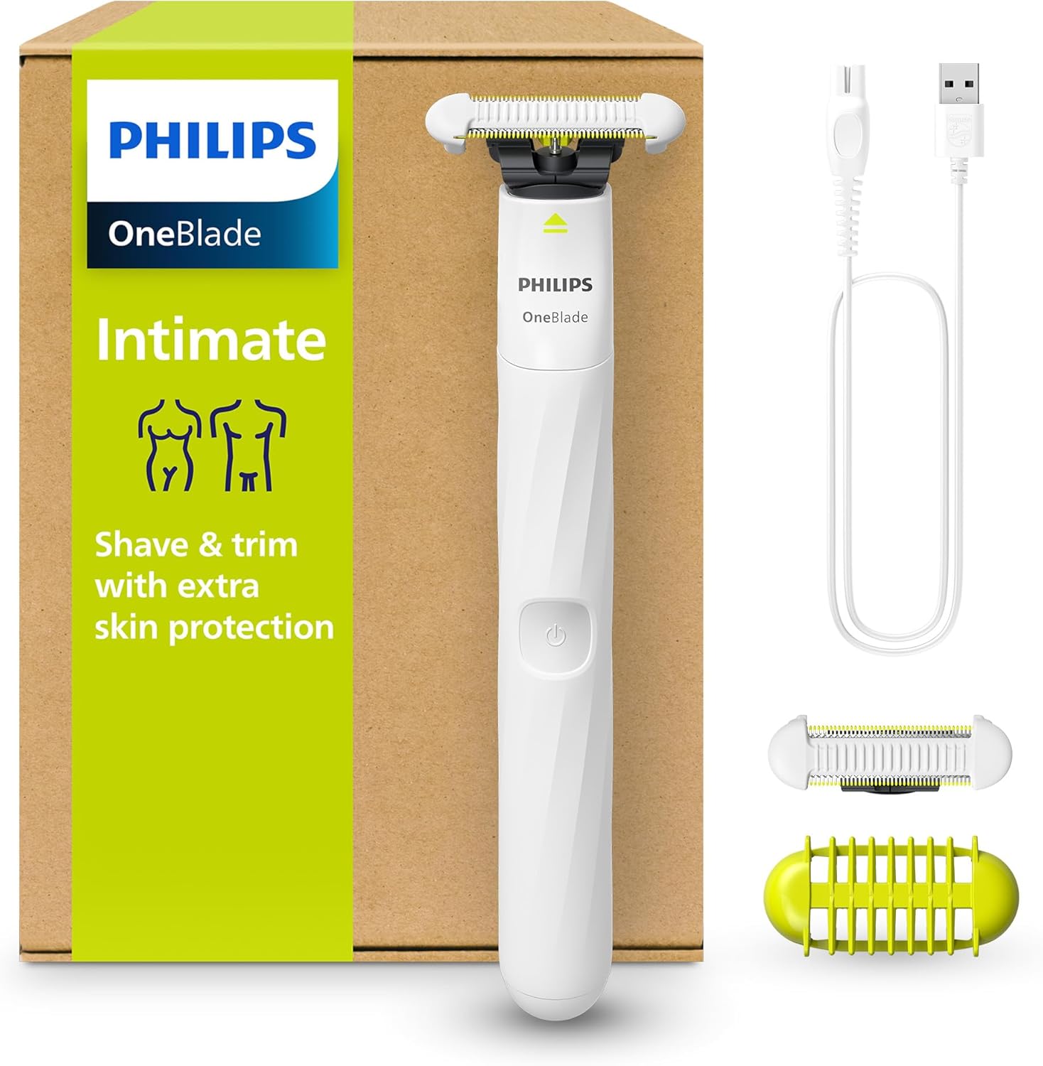 PHILIPS Oneblade Intimate - Conçu pour l'Entretien, la Coupe et le Rasage des Poils Pubiens, avec une Protection Renforcée de la Peau, Modèle QP1924/30